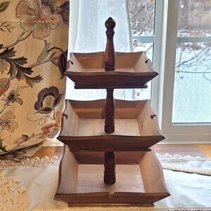 VTG MCM Wood 3 Tier Tray Caddy Fruit Nut Square With Finial Made In Japan Rare